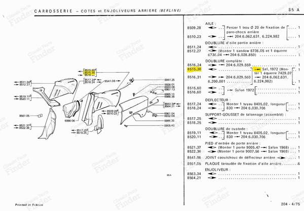Tôle doublure d'aile arrière gauche - PEUGEOT 204 - 851530- 4