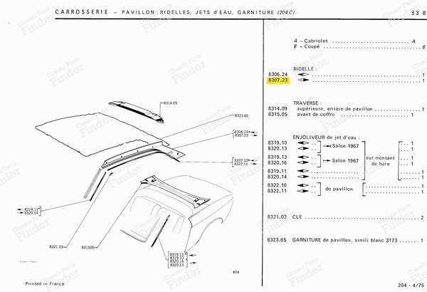 Right-side roof panel - Coupé version - PEUGEOT 204 - 830723- 5