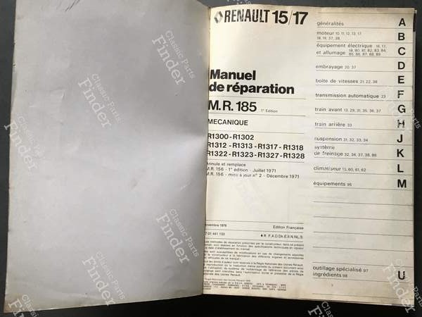 Manuel de réparation - M.R.185 - RENAULT 15 / 17 (R15 - R17) - 7701441133- 2
