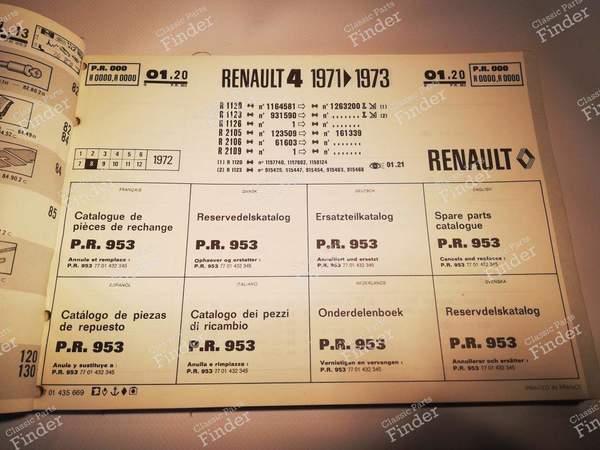 Catalogue de pièces de rechange - RENAULT 4 / 3 / F (R4) - P.R. 953 / 7701435669- 1