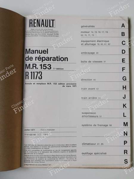 M.R. 153 Reparaturanleitung R12 Gordini - RENAULT 12 / Virage (R12) - M.R. 153- 1