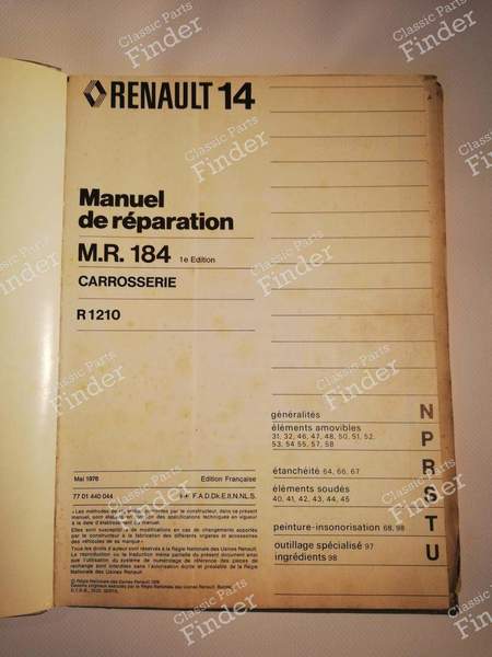 Manuel de réparation M.R. 184 - RENAULT 14 (R14) - 7701440044- 1