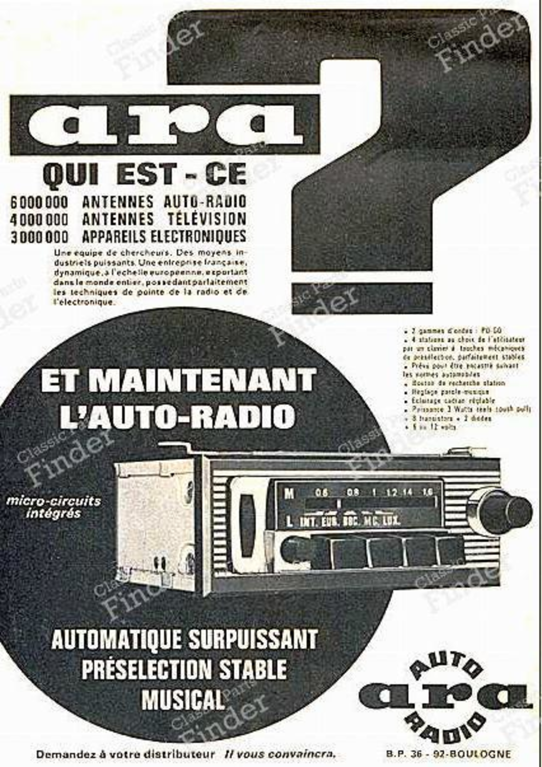 ARA car radio for DS or GS - CITROËN DS / ID - Ref. Javel / Concorde